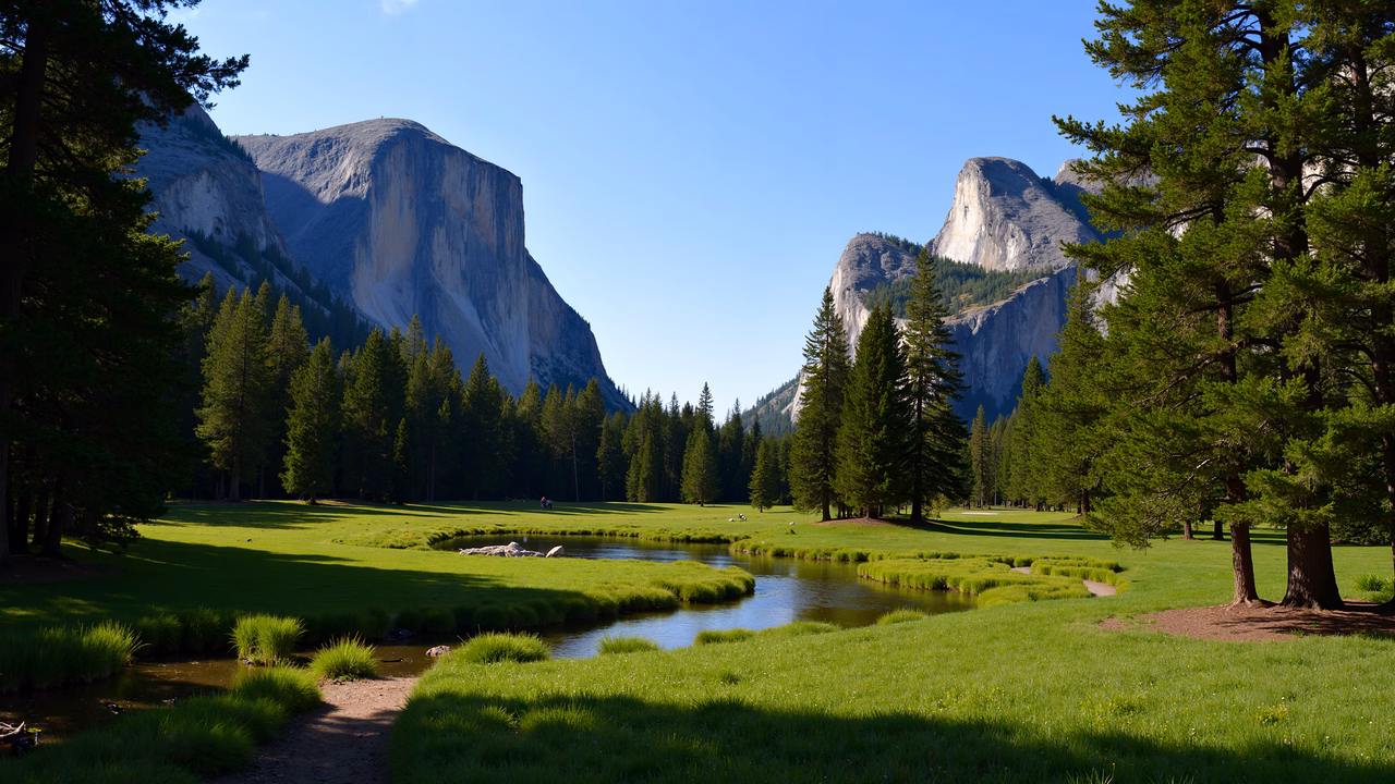 A tranquil view of Yosemite Valley with towering cliffs and lush greenery.