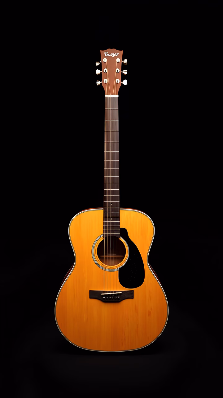 Minimalist acoustic guitar against a black backdrop, showcasing craftsmanship and musical potential.