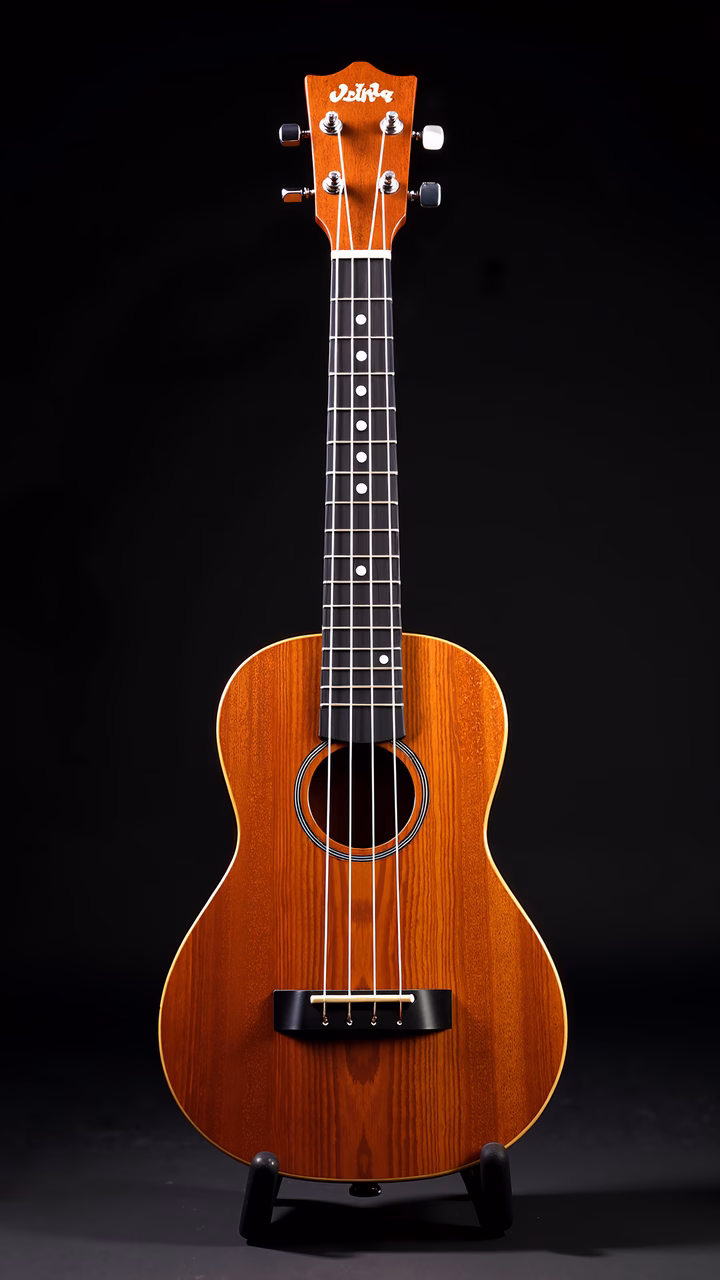 Close-up of a wooden ukulele with detailed grain and polished finish against a black background.