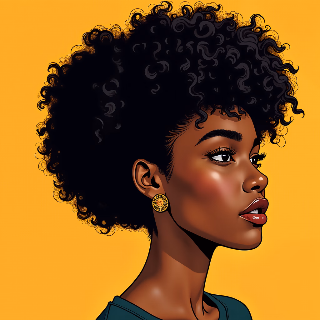 Bold, graphic portrait of a woman with an afro, set against a warm yellow backdrop.