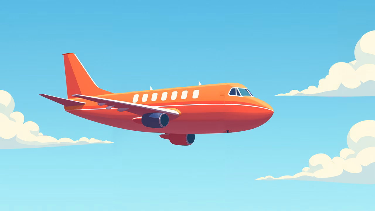 Vibrant red airplane flying high against a serene blue sky.