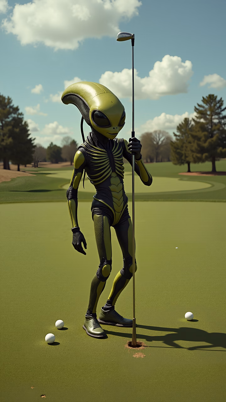 Alien golfer on a sunny golf course, blending sci-fi with sports humor.