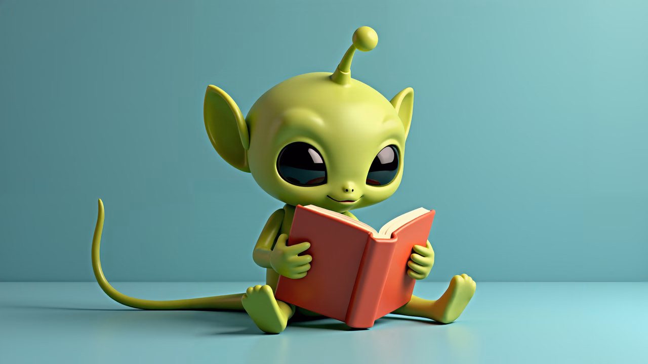 Cute alien reading a book against a teal background.