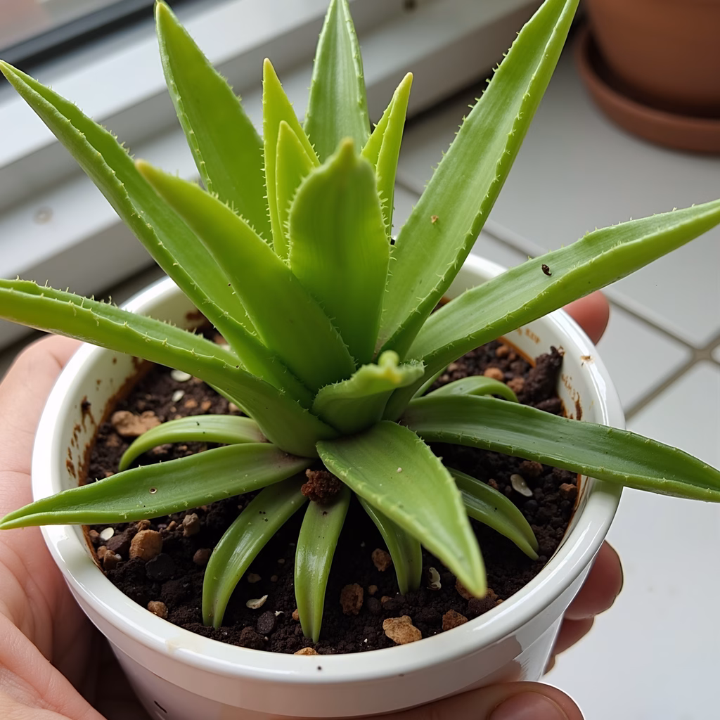 Close-up of a healthy Aloe Vera plant in a white pot, illuminated by natural light.