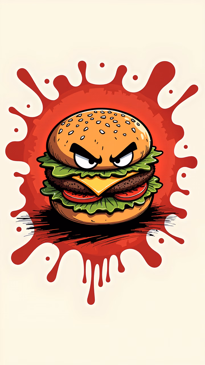 An angry cartoon burger with a bold red splash, combining humor and intensity.