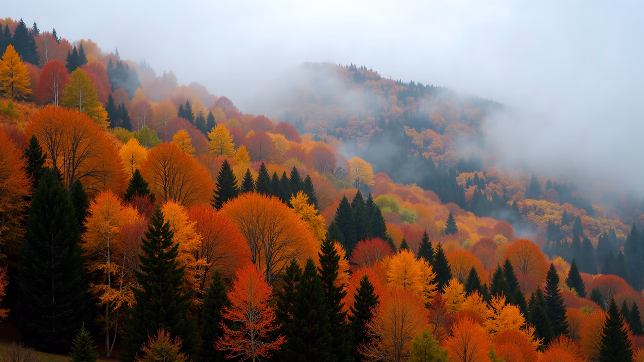 Vibrant autumn forest scene with misty hills and colorful foliage.