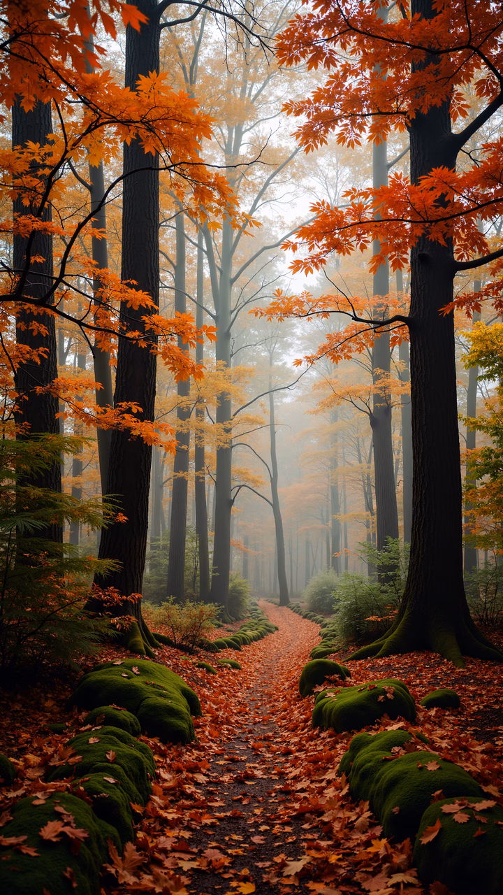 A peaceful autumn forest path with vibrant foliage and moss-covered roots.