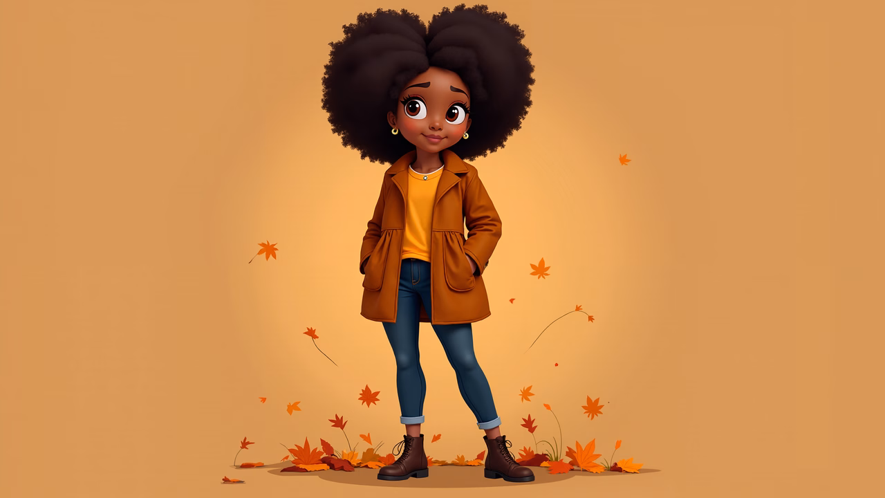 A joyful autumn girl in a warm, golden setting with scattered leaves.