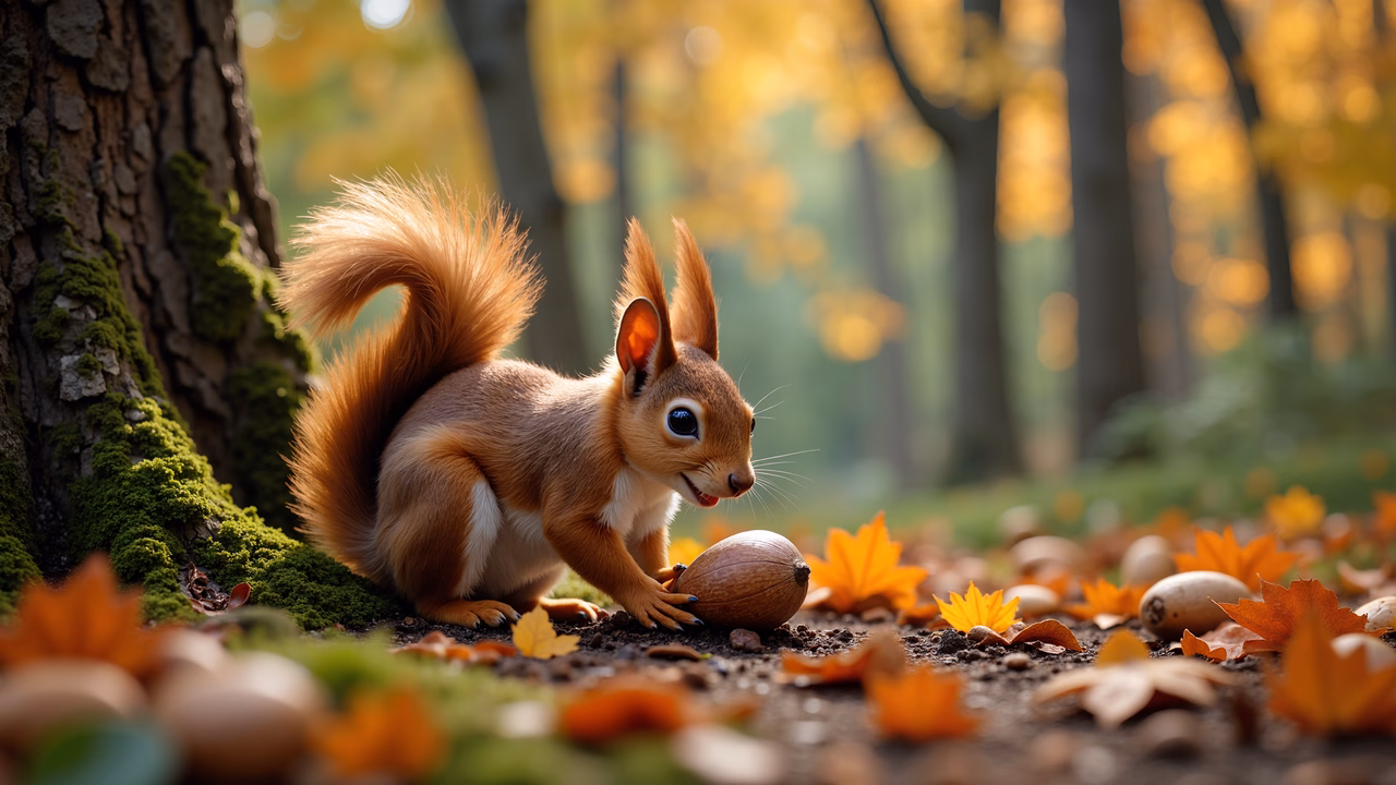 A curious squirrel amidst autumn foliage, capturing the essence of nature's beauty.