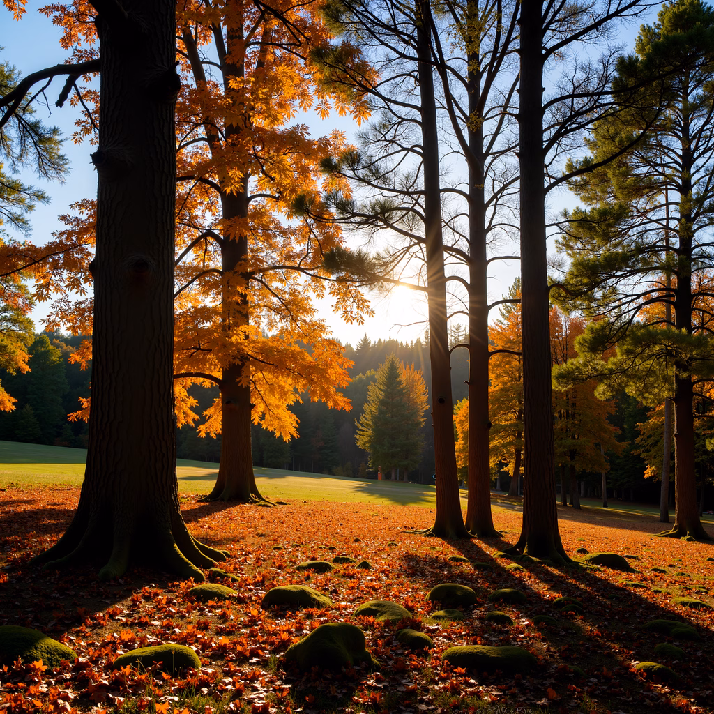 Golden autumn leaves and serene forest light create a peaceful nature scene.