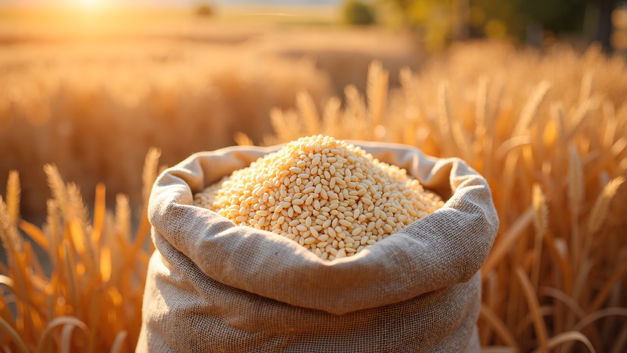 Close-up of wheat grains in a burlap sack under golden sunlight, symbolizing abundance and harvest.