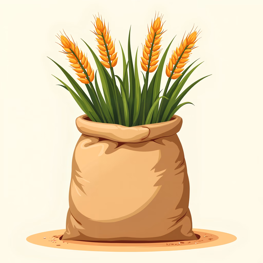 Illustrated sack of golden wheat, symbolizing harvest and agriculture.