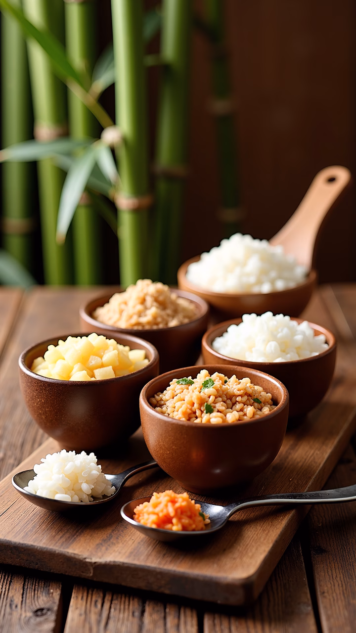 A tranquil display of bamboo, wood, and grains, perfect for food enthusiasts and nature lovers alike.