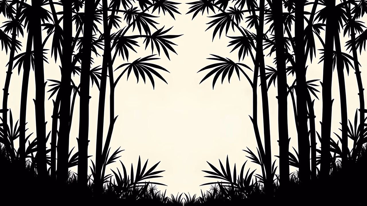Symmetrical bamboo forest silhouette in black on light beige background