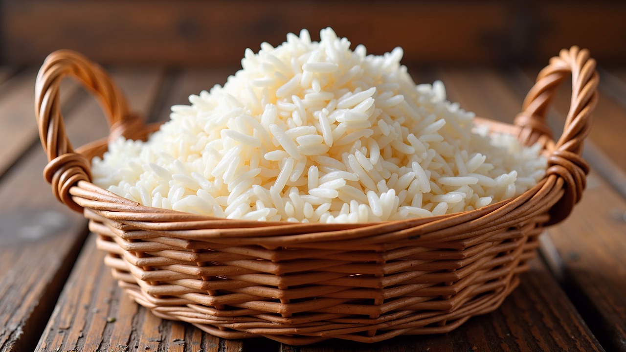 Close-up of white rice in a woven basket on a wooden surface.