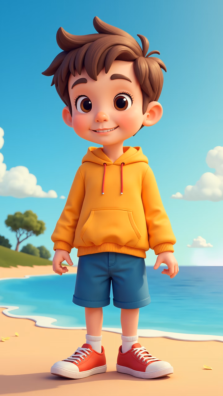Brightly colored beach scene featuring a happy child enjoying a sunny day.