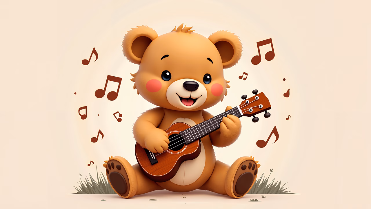 A cute bear playing music in a cozy setting.