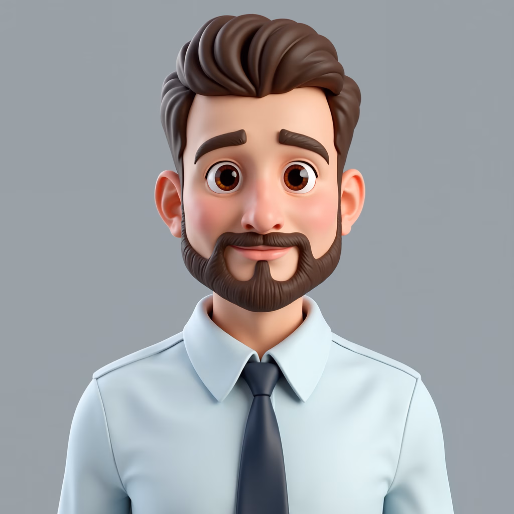 Friendly bearded man in a professional outfit, cartoon illustration.