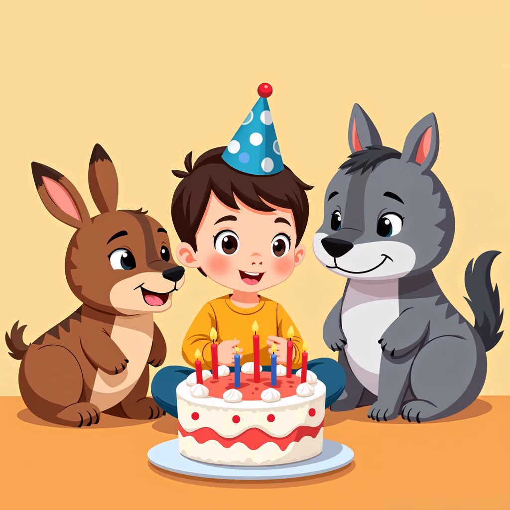 A child celebrating with animal friends and a birthday cake.