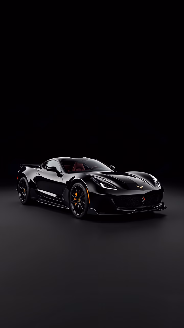 Elegant black Ferrari sports car with red interior in a studio setting.