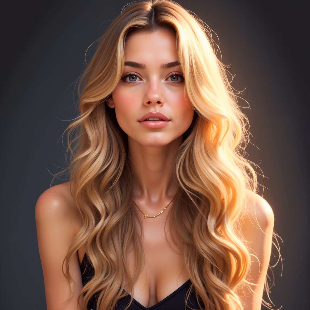 A detailed portrait of a woman with long, wavy blonde hair, wearing a delicate necklace against a dark gray gradient background.