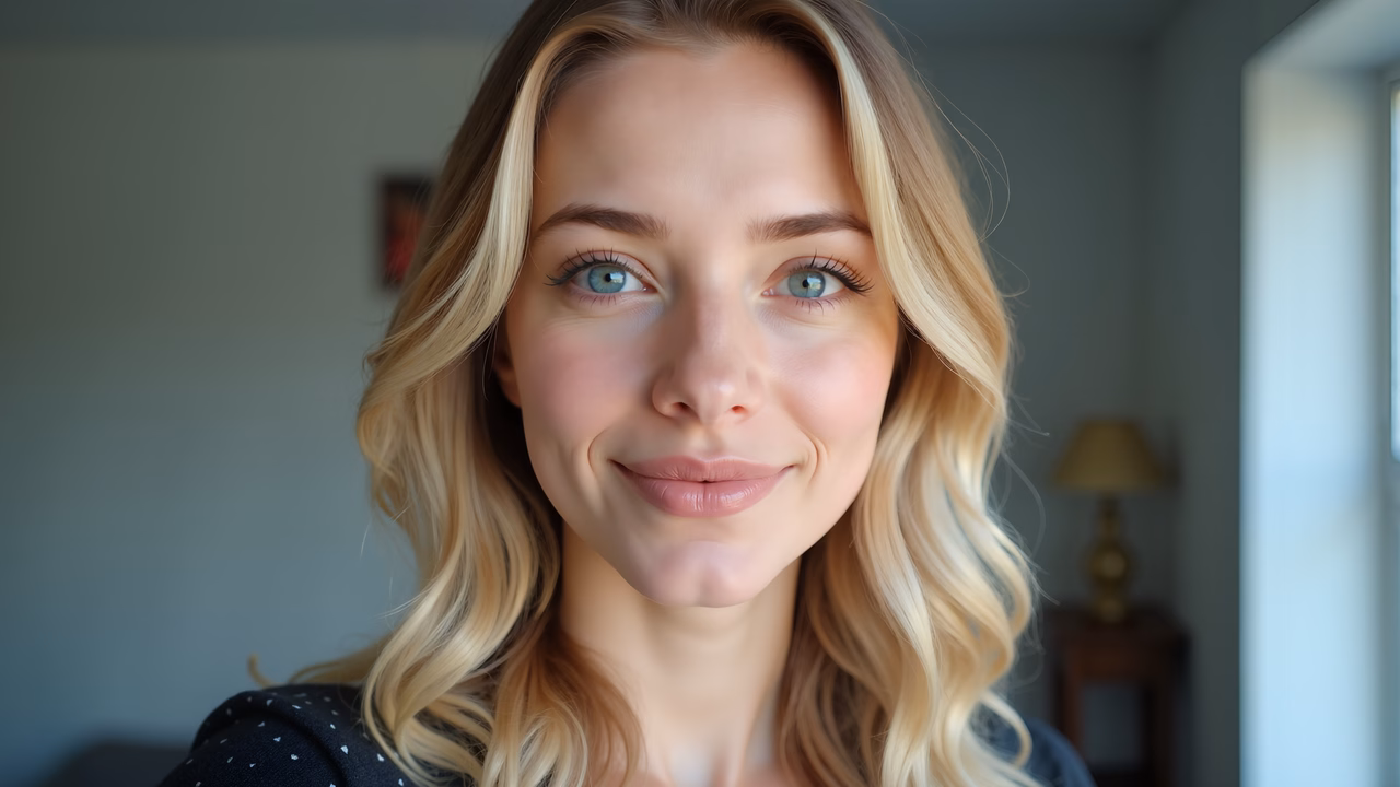 Close-up portrait of a woman with blonde hair and blue eyes, smiling warmly.