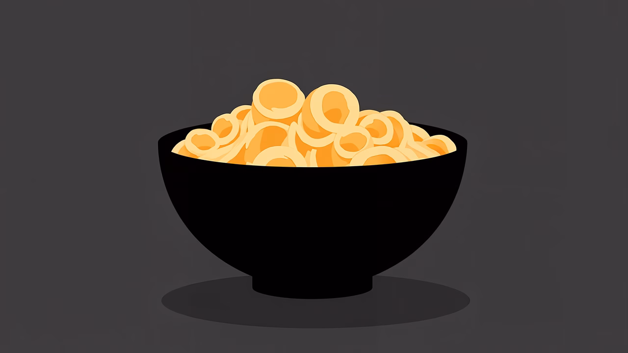 A minimalist illustration of a bowl filled with pasta, set against a dark background.