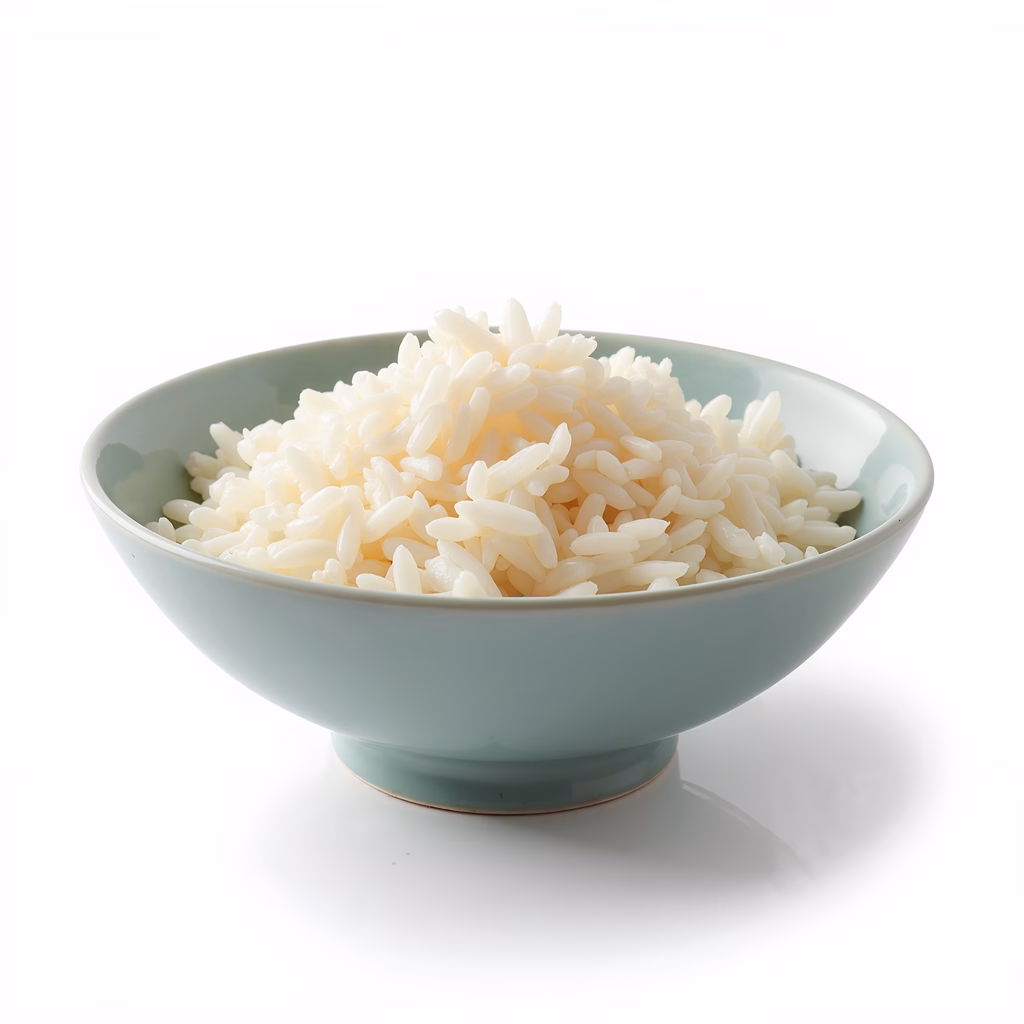 Close-up of a bowl of rice against a white background.