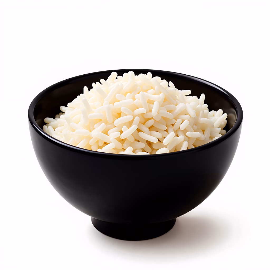 Close-up of white rice in a black bowl on a white background.