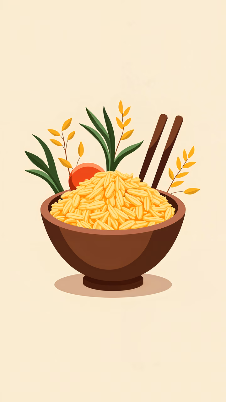 A bowl filled with golden rice, surrounded by green leaves and yellow stalks, with chopsticks resting on the rim, evoking a sense of warmth and homeliness.