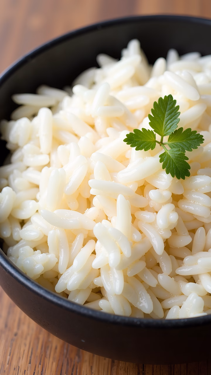 Close-up of fluffy white rice in a bowl, garnished with a green herb leaf.
