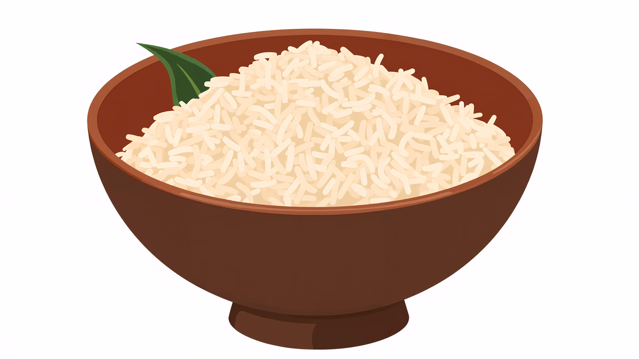 Illustrated bowl of white rice with a green leaf, simple design, natural colors, fresh and pure.