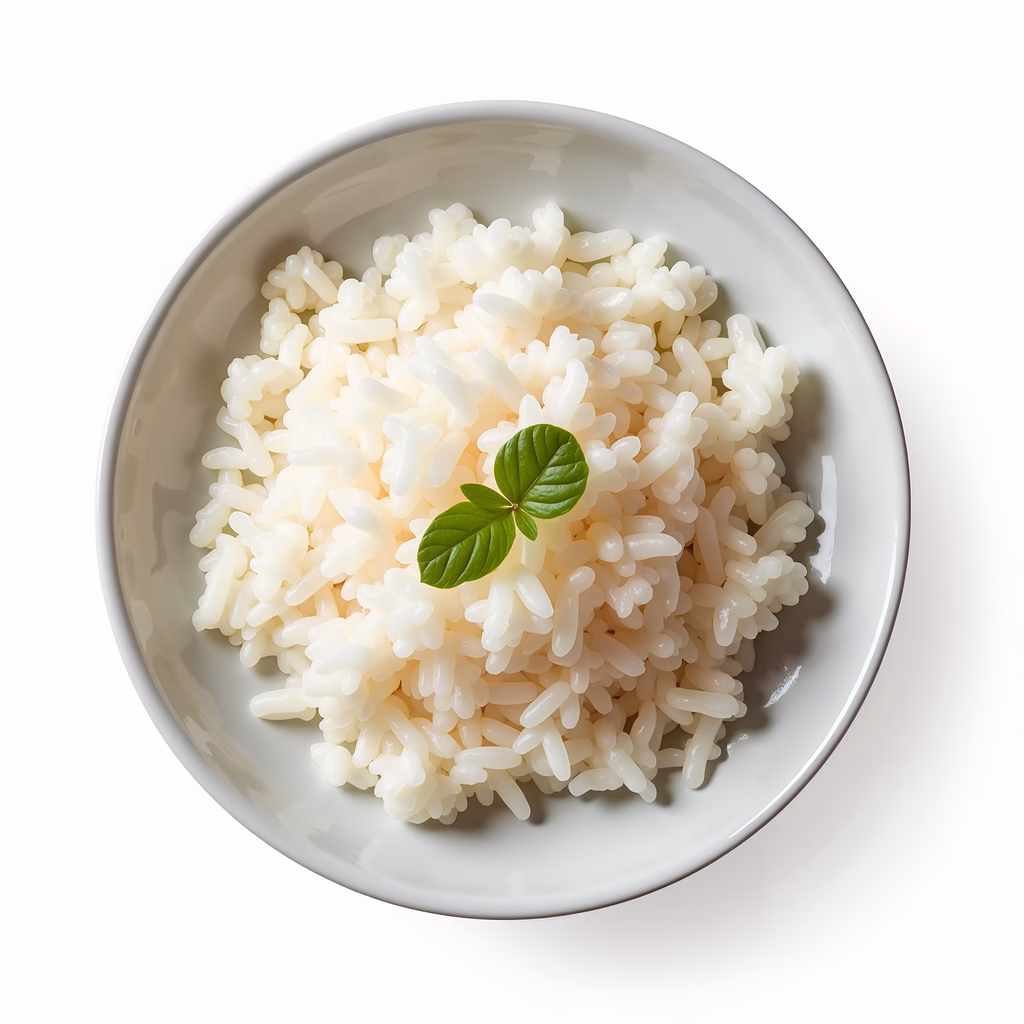 Close-up of a bowl of rice with a basil garnish, emphasizing freshness and simplicity.