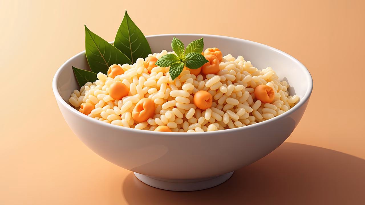 A bowl of rice with chickpeas and herbs, perfect for a nutritious meal.