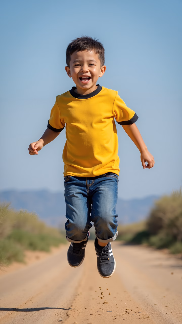 A cheerful child leaping high in a desert setting, symbolizing joy and freedom.