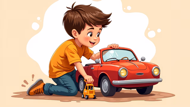 Boy Playing with Car Illustration