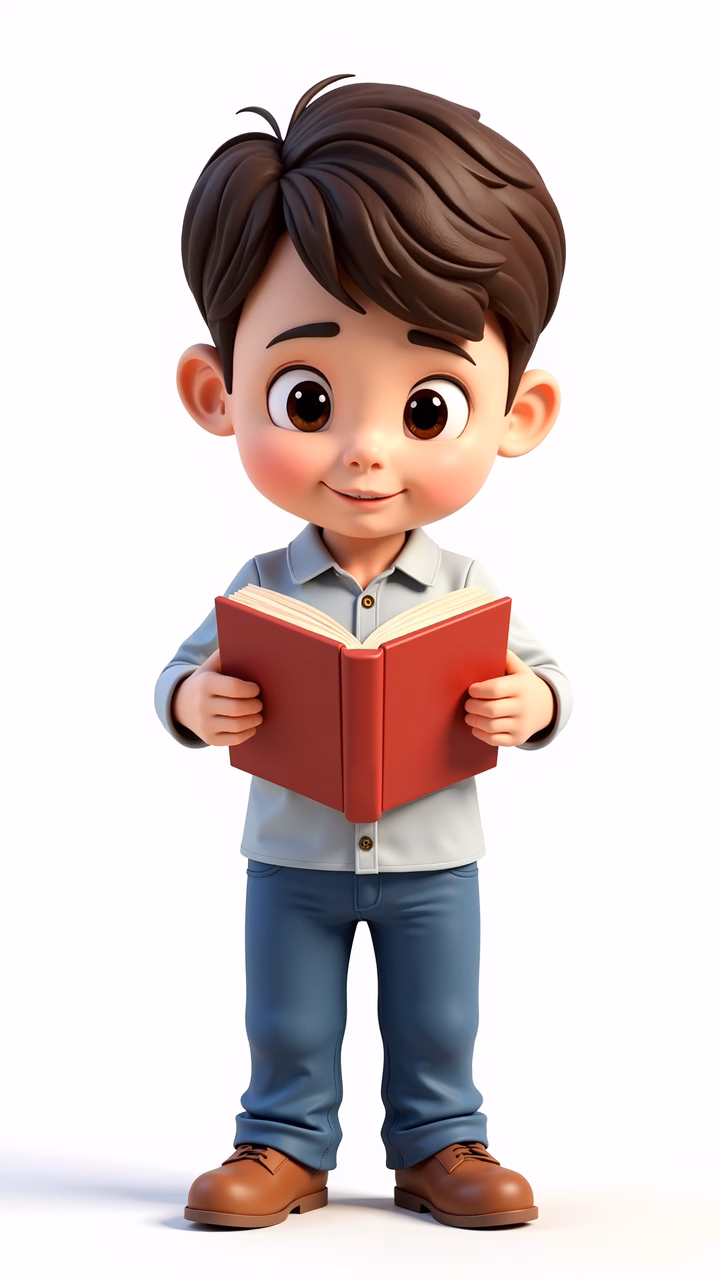 A cute boy reading a book, symbolizing curiosity and learning.