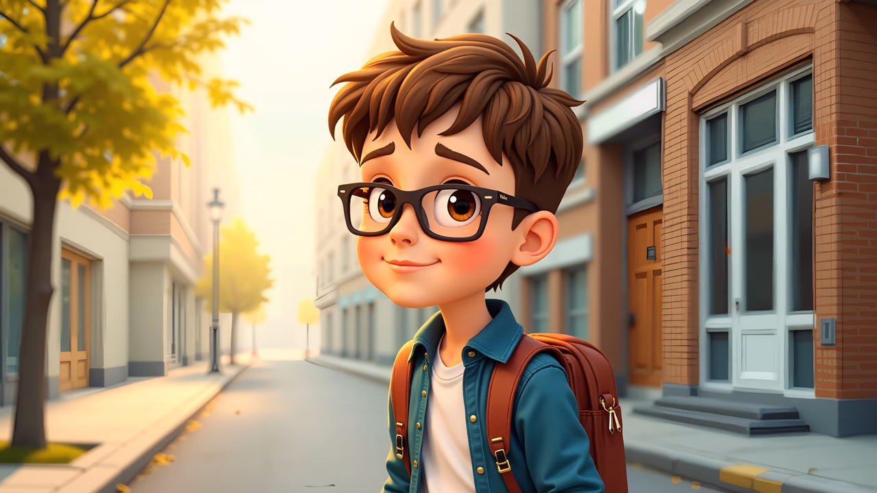 A cheerful boy with glasses on a sunny day, exploring the neighborhood.