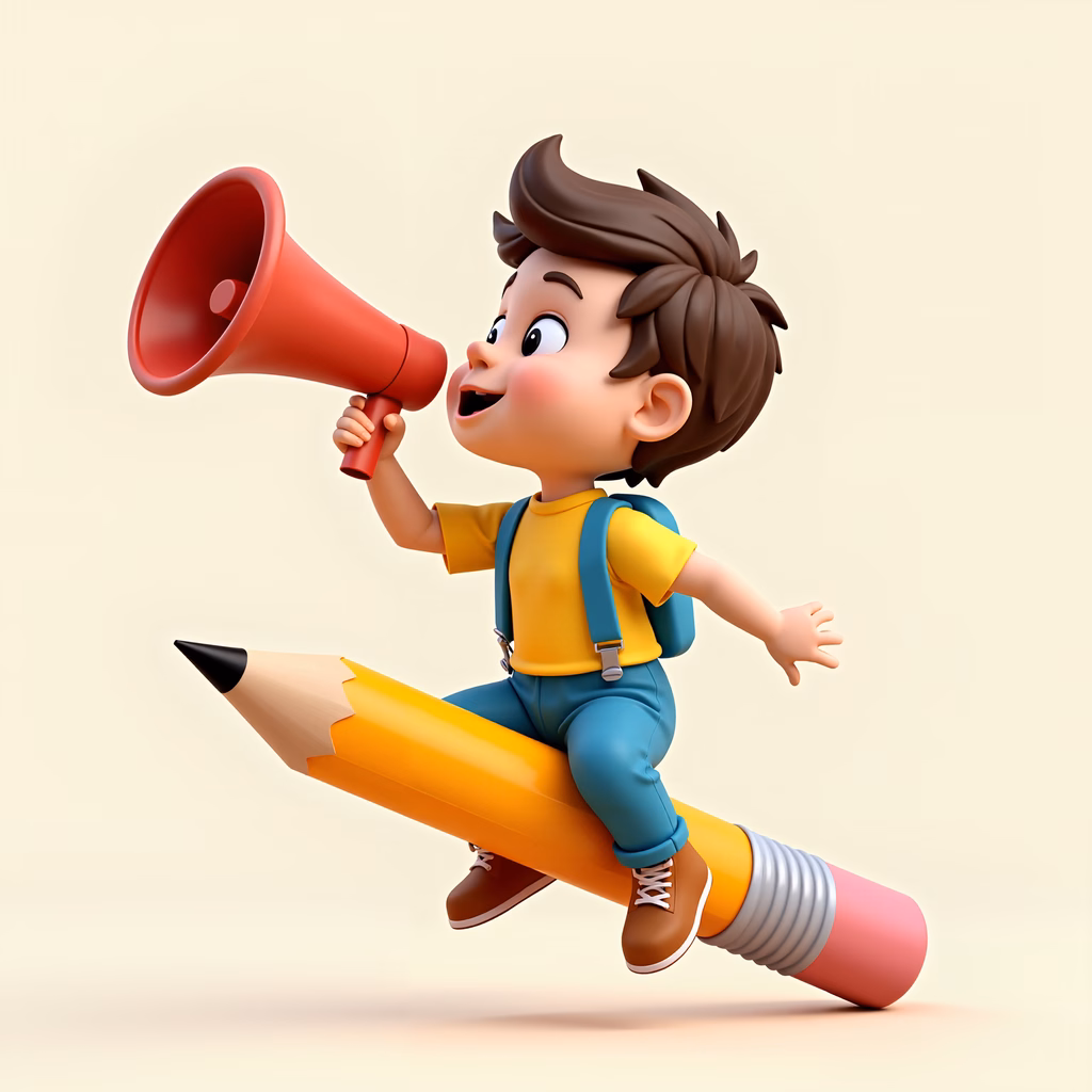 A boy sits on a pencil, listening to a megaphone, embodying creativity and playfulness.