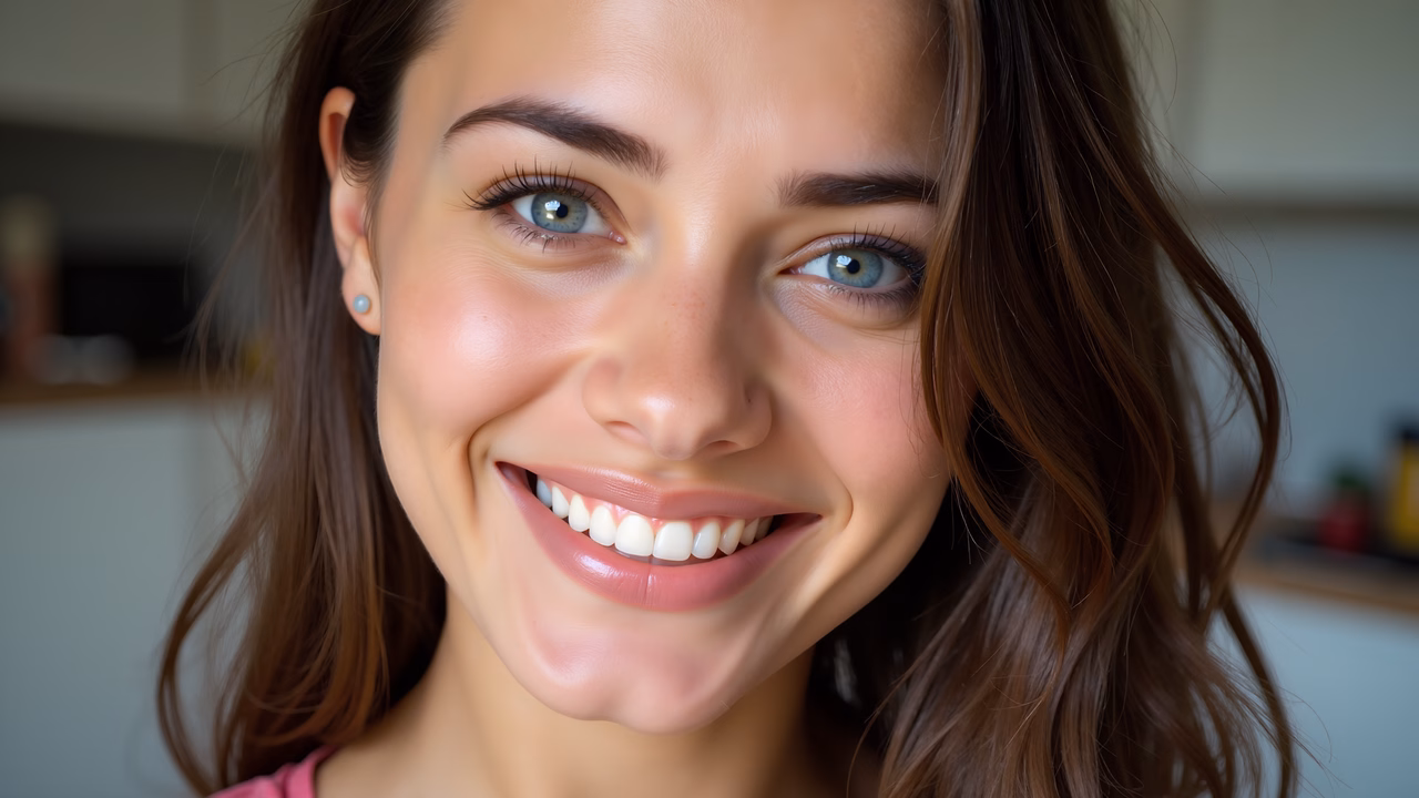 Close-up portrait of a smiling individual with natural beauty and warm tones.