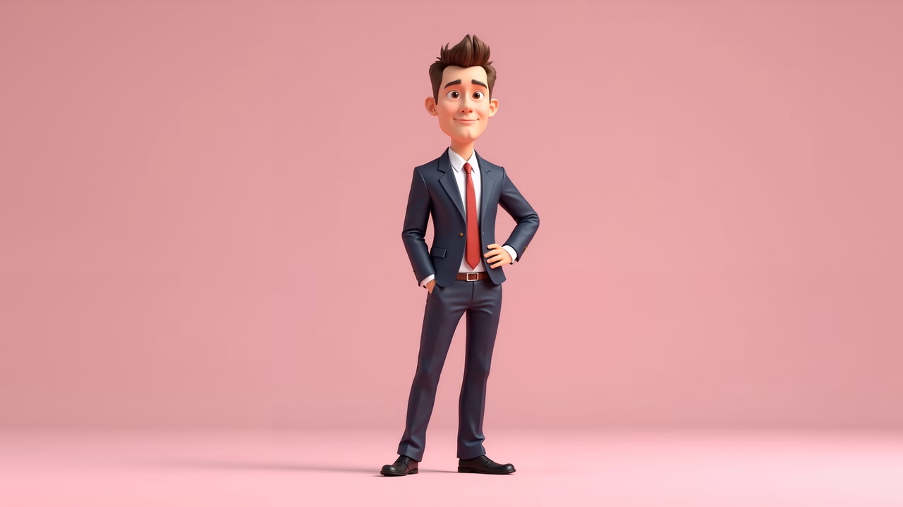 Confident businessman in a stylish suit, cartoon art, professional vibe, pink background.