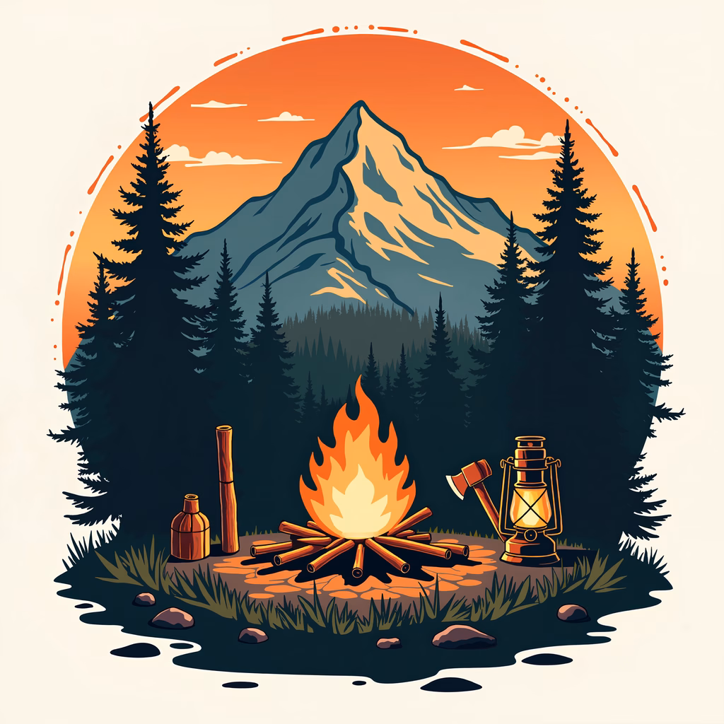 A tranquil campfire scene surrounded by nature under a warm sunset sky.