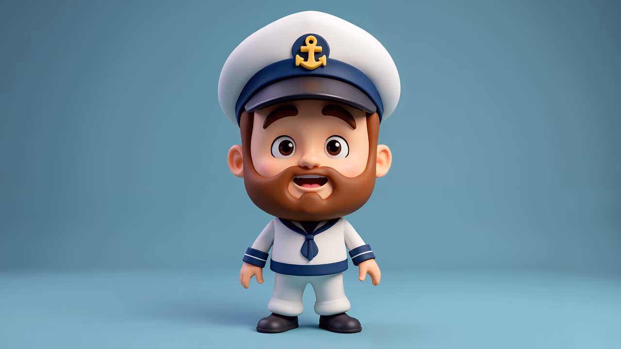 A cartoon captain with a beard and sailor outfit, exuding adventure and whimsy.