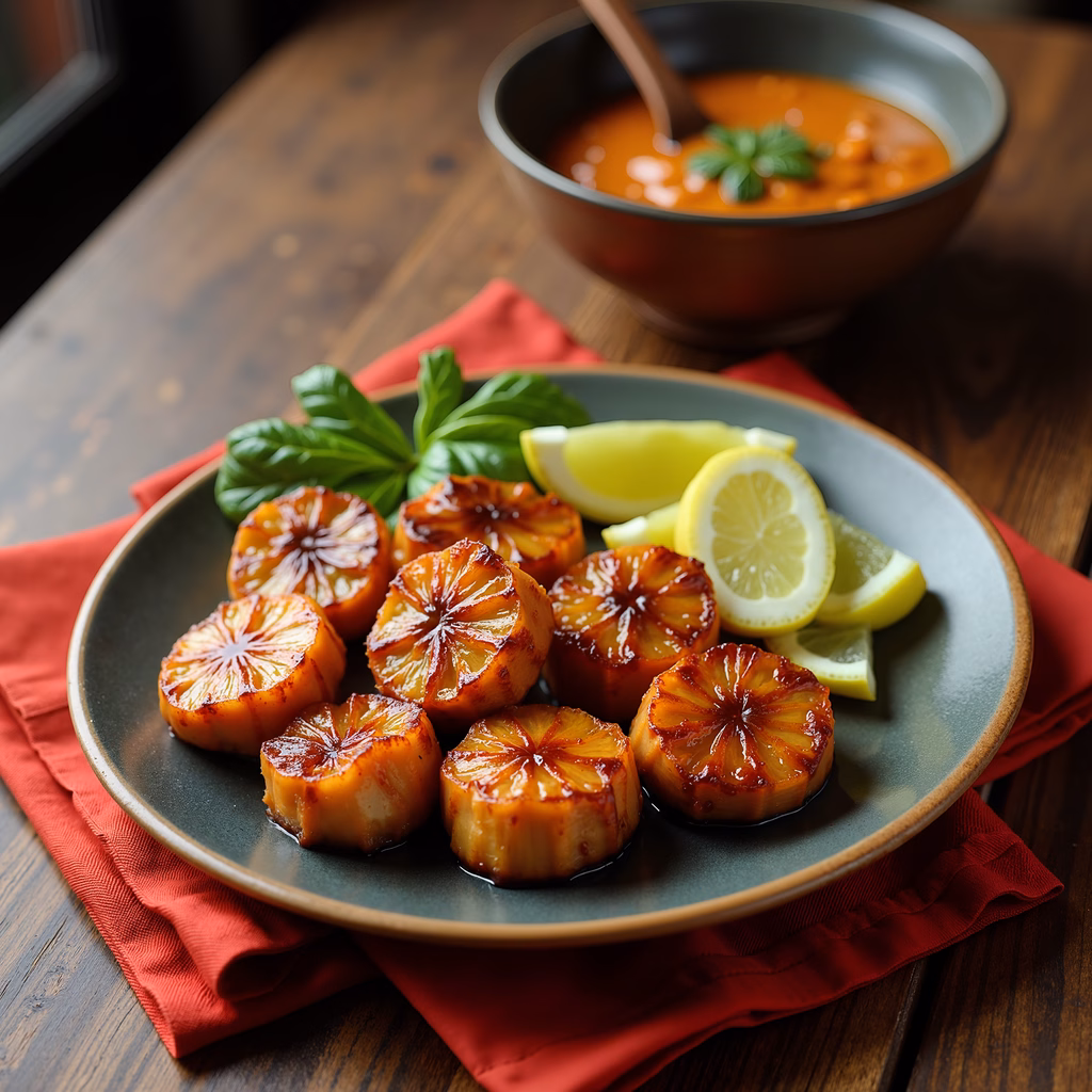 A caramelized pineapple dish garnished with lemon and basil, set against a wooden table backdrop.