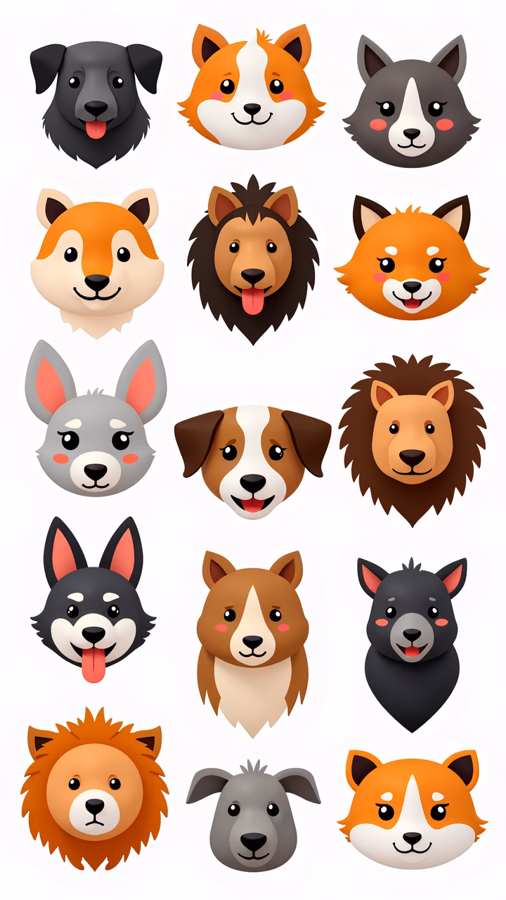 Collection of cartoon animal faces in a playful and colorful style.