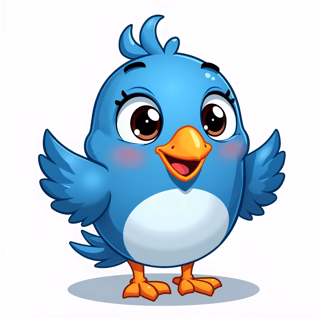 A cute cartoon blue bird with big eyes and a happy expression.