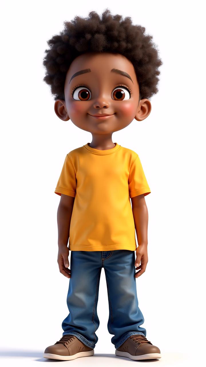 A smiling boy in a yellow shirt and blue jeans, exuding warmth and positivity.