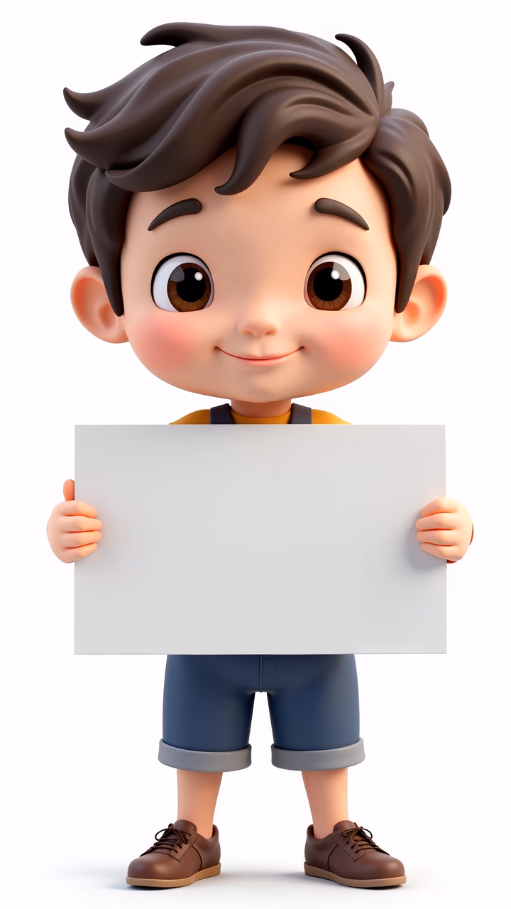 A cute cartoon boy holding a blank sign, ready to express himself.
