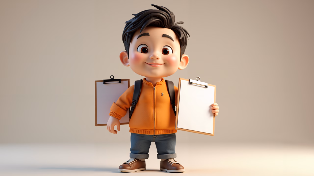 A cheerful cartoon boy ready to share information, set against a neutral background.