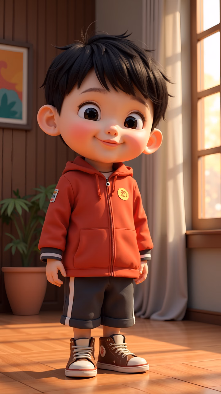 A cheerful cartoon boy in a red hoodie, standing in a cozy room with natural light.